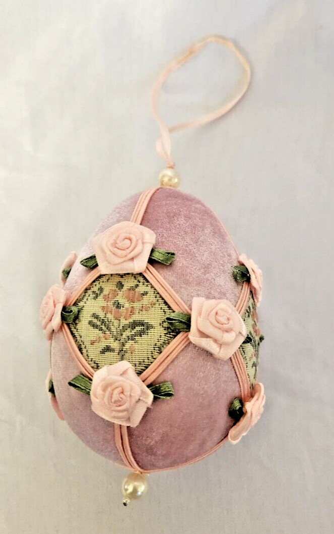 Pink Velvet Victorian Egg Ornament with Ribbon Accents