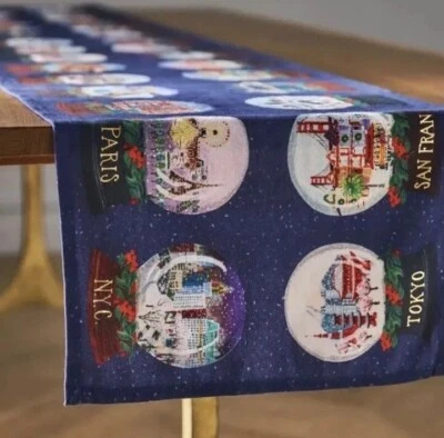 Anthropologie Table Runner Travel Snow Globes Holiday In The City New 7.5 Feet
