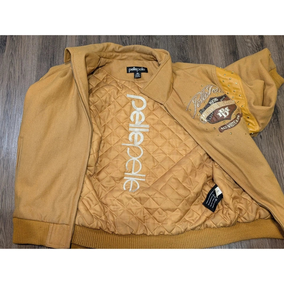 Chaqueta Bomber Pelle Pelle Lana Tachonada Adornada Roja Blanca Verdadera XL (Defectos) Foto 4 de 4