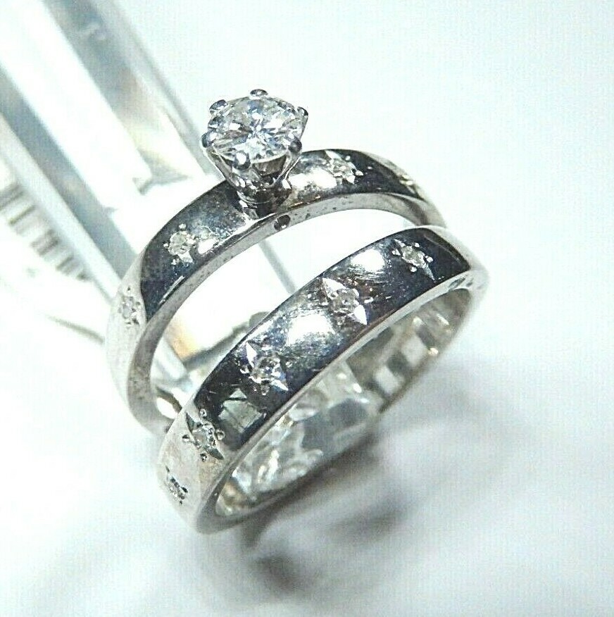 VINTAGE* 14K White Gold 2Pcs Diamond Wedding Engagement Ring