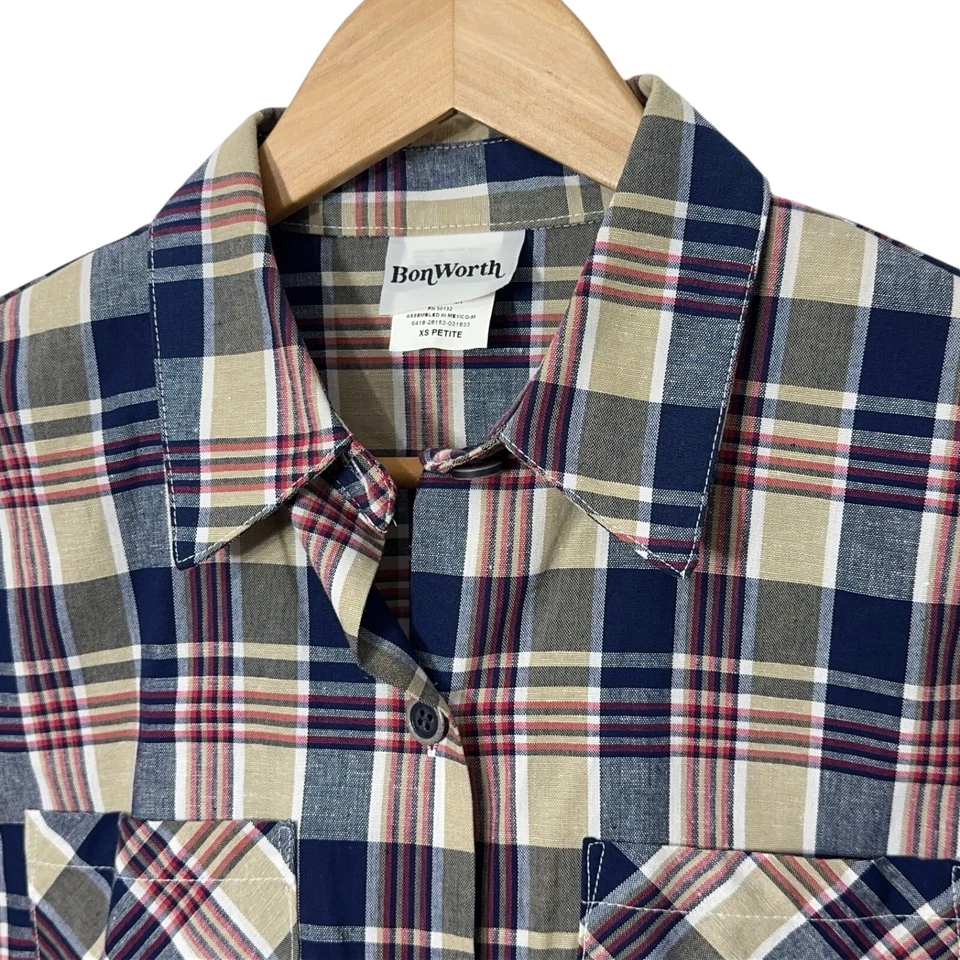 Camisa Bon Worth Mujer Mezcla de Lino Talla Pequeña XS Cuadros Bolsillos Abotonados Trabajo Foto 3 de 3