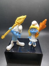 McDonald's Clumsy Smurf Smurfette Toy Figure Staff Smurfs - Lot of 2