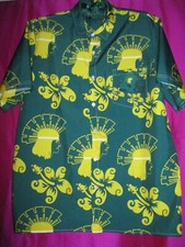 HAWAIIAN SHIRT, MEN'S S/S GREEN W/ YELLOW PRINT DESIGNS, SZ. S/M, POLY/SPANDEX