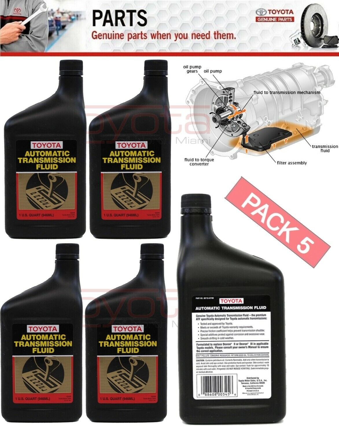5 Pack Genuine Toyota Automatic Transmission Fluid ATF DEXRON III 00718