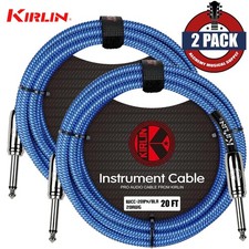 2-PACK Kirlin 20FT 1/4" Straight Ends Woven Blue Guitar Cables With Cable Tie