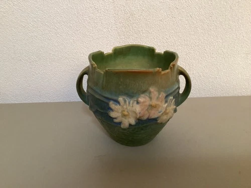 Roseville Art Pottery   Cosmos Round Handled Vase 649-3 / Circa 1940's