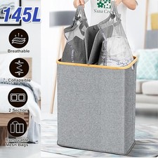 145L Large Laundry Basket Bin Bag Foldable Hamper 2 Compartment Double Sided Lid