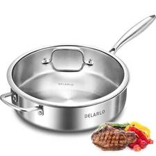 Tri-Ply Stainless Steel Frying Pan 12 inch Skillet with Lid 6 Quart Saute