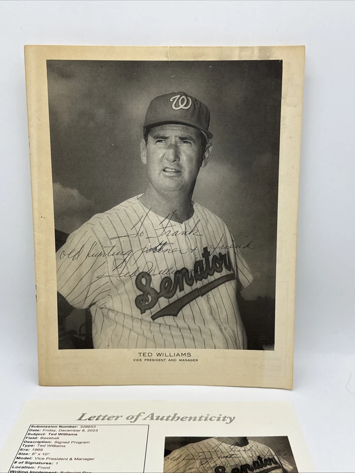 Ted Williams Signed 1969 Senators Program Rare Inscription To Hunting Buddy JSA - Image 2 of 3