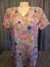 Tinker Bell Scrub Top Large Pink Short Sleeve V- Neck Excellent Condition 