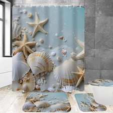 4Pcs Sea Shellfish Shower Curtain Set with Rugs Blue Bath Decor