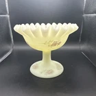Fenton Compote Custard Glass Ruffled Satin Uranium Signed Hand Painted Daisy