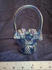 Blue Iridescent Glossy Carnival Glass Decorative Basket with Handle 7 in Round