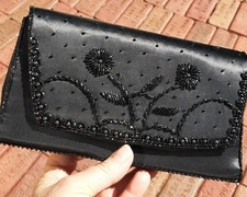 La Regale 1950s Black Satin Beaded Clutch FORMAL Evening Bag W Original Box, NOS