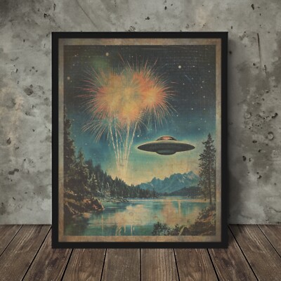 UFO FIREWORKS Wall Art, Retro Sci-fi July 4th Poster, Nature Park Alien Decor