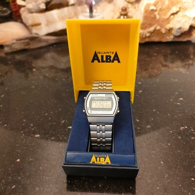 1980s Vintage Silver Blue Seiko Alba Digital Alarm Chronograph