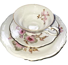 VTG Mitterteich Germany 3 Pc Footed Cup Saucer & Dessert Plate Dogwood Pattern