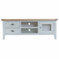 Stratford Grey Painted Large Tv/hifi Unit / Entertainment Stand With Oak Tops Stratford Grey Painted Large Tv/hifi Unit / Entertainment Stand With Oak Tops