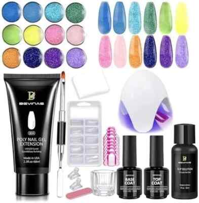 Poly Gel Nail Kit WITH UV LAMP, 12 Glitters and 2.3oz Clear Poly Nail Gel
