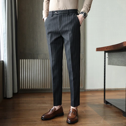 Men's British Style Wool Blend Suit Pants Striped Casual Business Trousers Retro - Bild 13 von 14