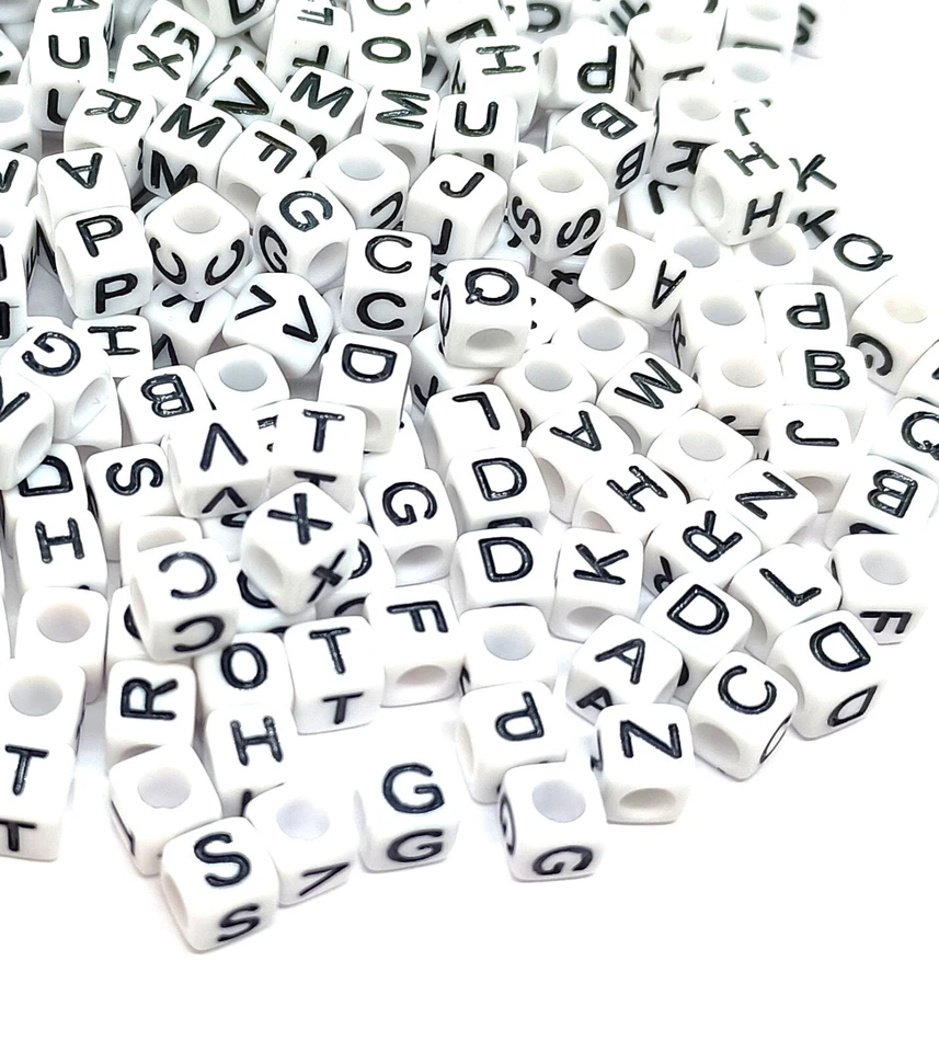 100pcs 6mm White Cube Acrylic Alphabet Beads - Mixed, Vowels & A-Z letters Craft - Image 3 of 4