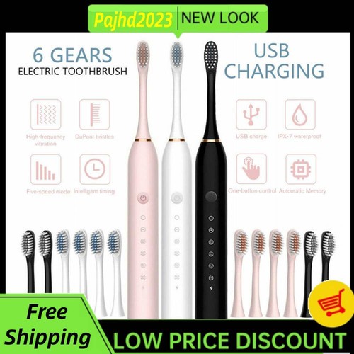 Electric Toothbrush Sonic Rechargeable 6 Modes Kids Adults Brush 4 Heads USB NEW