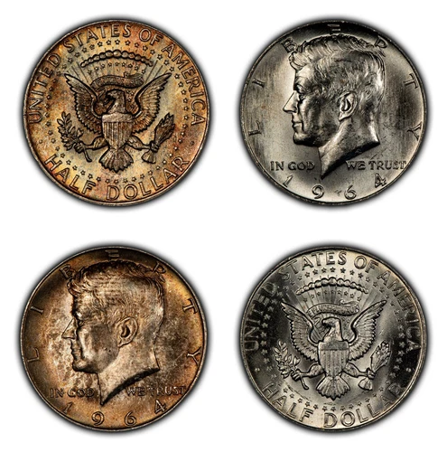 1964 50c Kennedy Silver Half Dollars End Cap Toning - BU - .723 ASW - Z5024