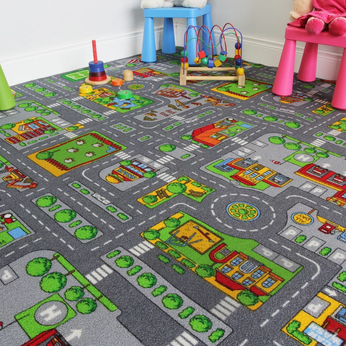 200x200 Square Street Kids Village Town Rug City Car Roads Fun