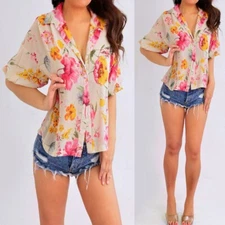 Shein Pink Green Beige Yellow Floral Button Down Blouse Shirt Top M Medium