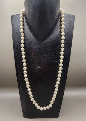 Vintage Hand Knotted Faux Pearl Necklace 24" Cream Glass Strand Filigree Clasp