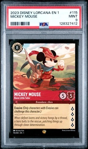 2023 DISNEY LORCANA 1-THE FIRST CHAPTER MICKEY MOUSE BRAVE LITTLE TAILOR PSA 9