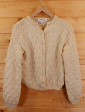 Vintage Aubergine Aran Fisherman Irish Hand Knitted Wool Cardigan Jumper M Beige