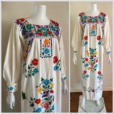 Vintage Mexican Huipil Dress Cactus Agave Embroidery Oaxaca Cotton Maxi 1970s