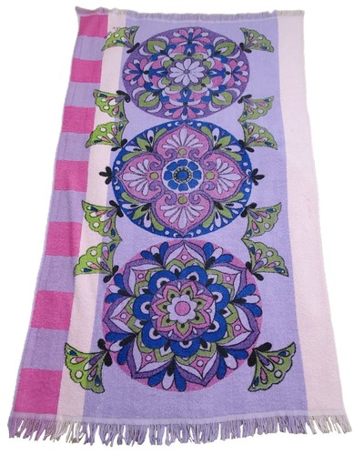 Vtg Royal Terry Of Cali Mandala Butterfly Pink & Purple Beach Towel 59x35 Cotton