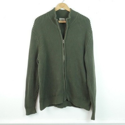 Vintage LL Bean Sweater XL Green Cotton Full Zip Mock Neck Chunky Knit Fisherman