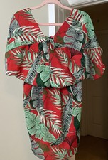 Artsy Dress Red Palm Floral Sundress Coastal Island Bohemian Women's Large