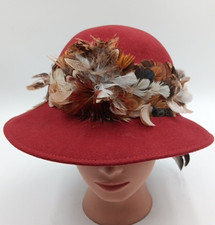 Doeskin Felt Hat 100 Wool GEORGE BOLLMAN HAT CO. Red W/ Feathers Around USA