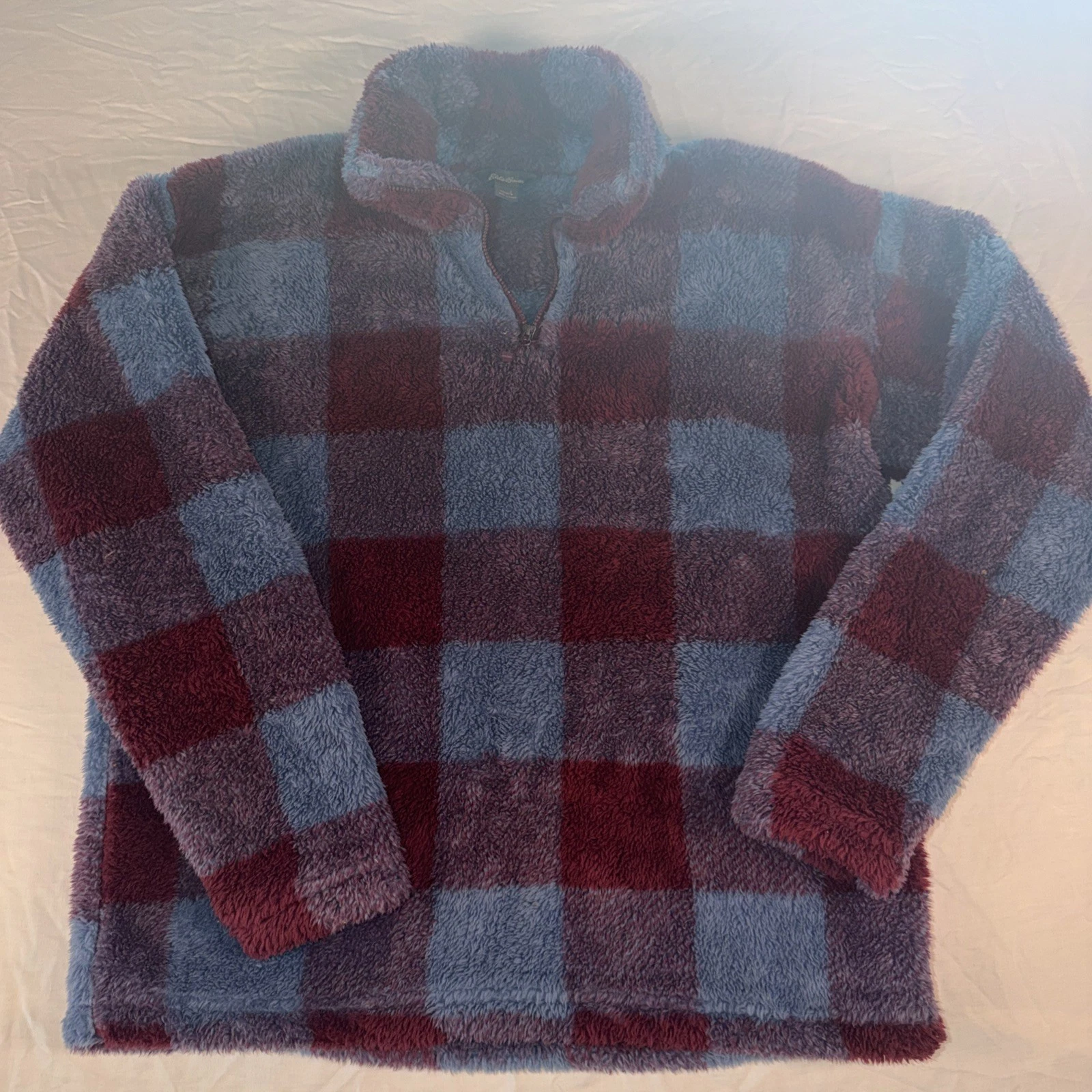 Eddie Bauer Red Blue Check Men's Fleece Jacket Zip Stand Collar L Mid-Length