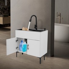 Pull-Out Sprayer Faucet Utility Sink Stainless Steel Laundry Sink with Cabinet