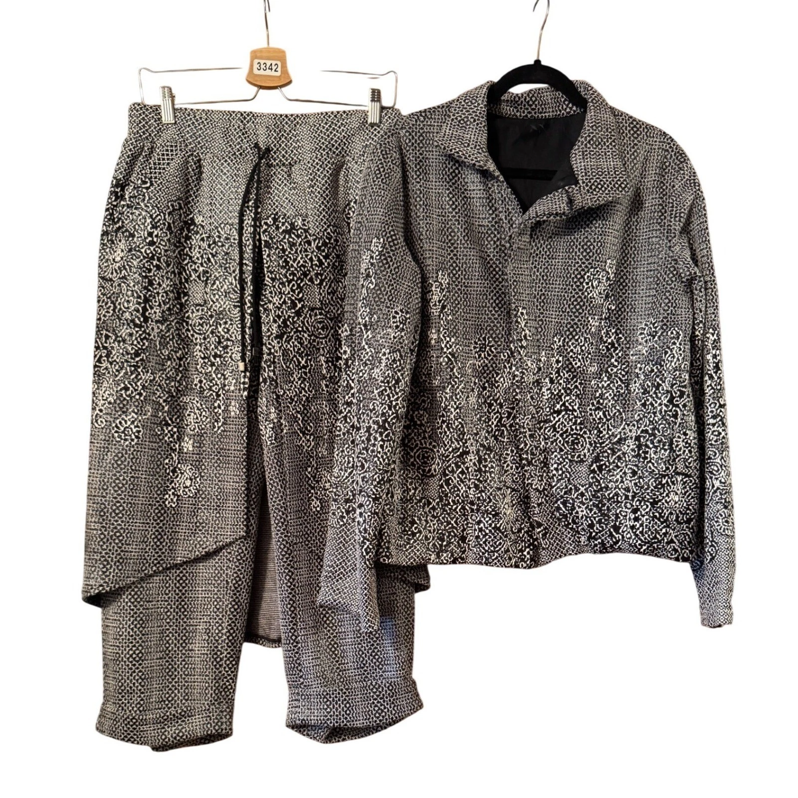 Lagenlook Black White Geometric Print Jacket and Layered Culotte Pant Set UNIQUE