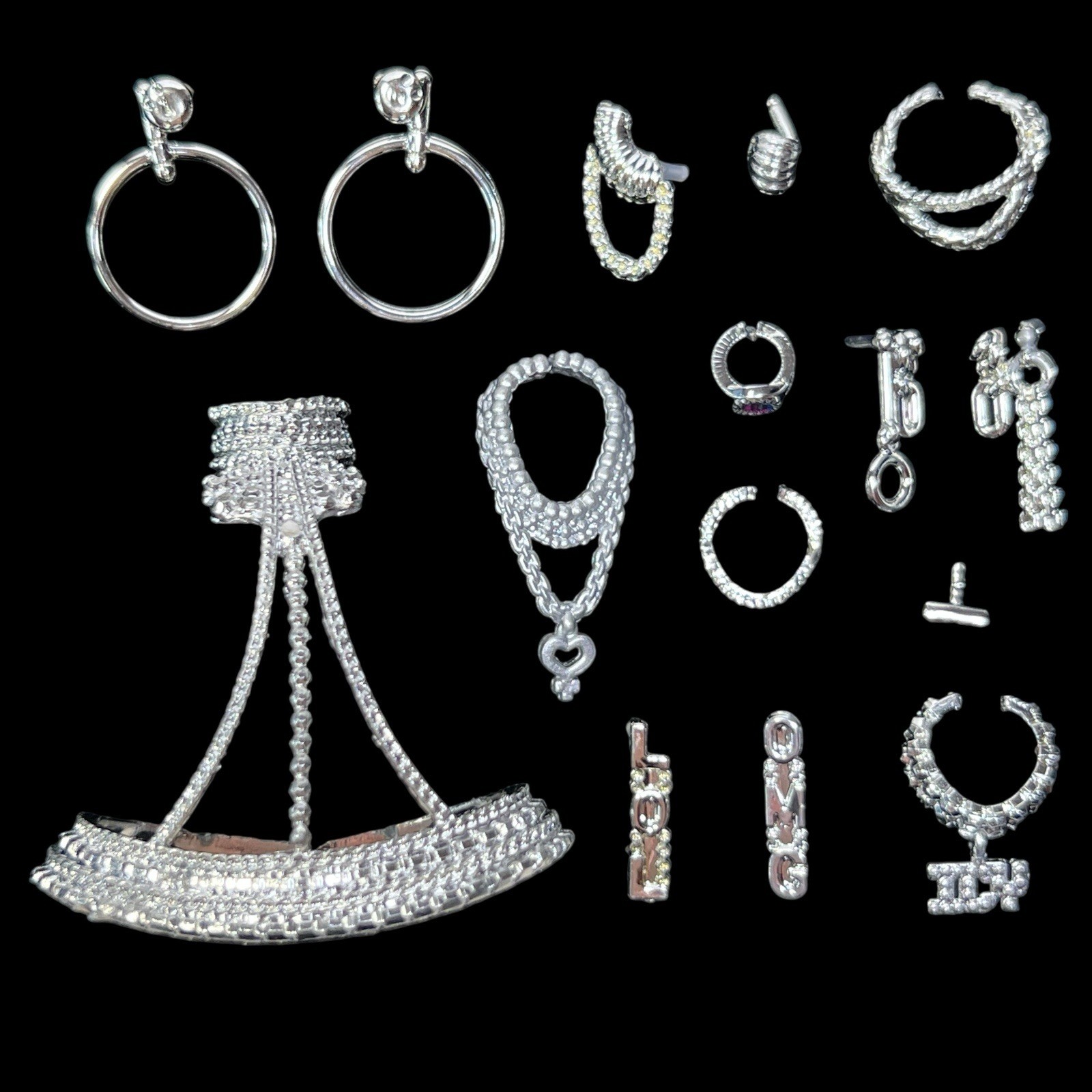 LOL OMG Doll Silver Jewelry Accessories Lot Necklace Earrings Rings Choker Hoop