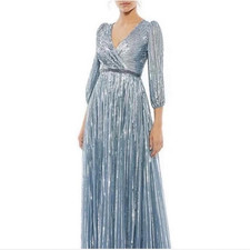 Mac Duggal Womens 8 Blue Sequin V-Neck Long Sleeve Puff Lined Long Maxi Dress