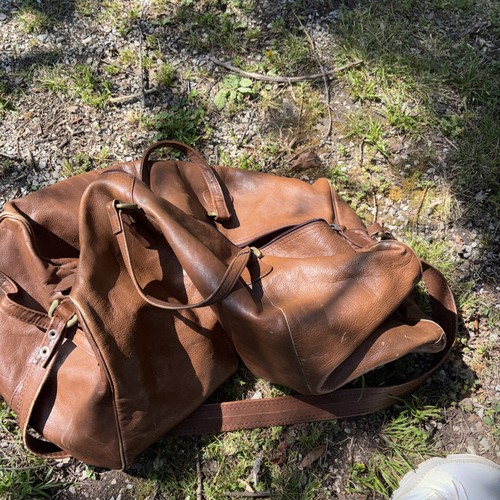 Vintage Brown Leather Duffle Bag #207. Tag. Handles And Shoulder Strap Saddlebag