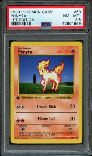 1999 Pokemon - 1st Edition Shadowless Ponyta Base Set 60/102 - PSA 8.5 NEAR MINT