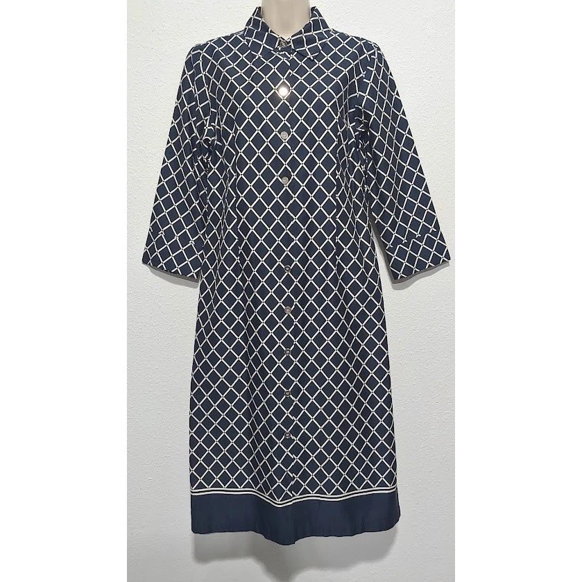 Vestido Camisa Charter Club Mujer 8 Azul Marino Blanco Estampado Diamante Botón Delantero Algodón Foto 2 de 4