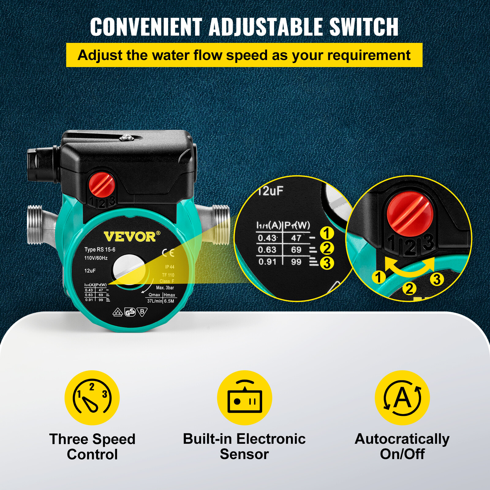 VEVOR Hot Water Circulation Pump 3Speed Domestic Pump 93W Stainless