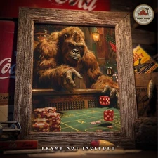 Craps Sasquatch Bigfoot Art Print Vintage Casino Poker Game Room Artwork Gift