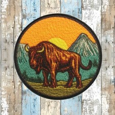 Bison Patch Iron-on Applique Nature Badge Wild Animal Mountain Buffalo Sunset