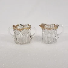 VTG Small Glass Syrup Cream & Open Sugar Set Cut Unbranded 
