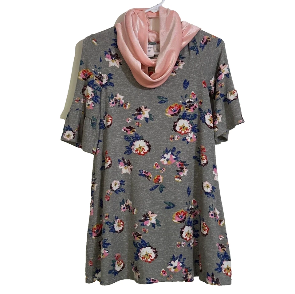 Vestido Arizona Gris Rosa Floral Bufanda Manga Corta Cambio Corto Acampanado 2 Piezas 7/8 Foto 2 de 4